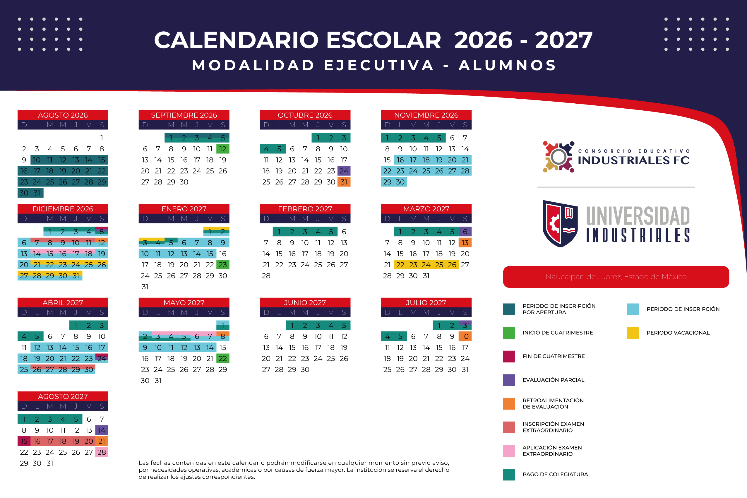 Calendario Escolar Modalidad Ejecutiva Alumnos